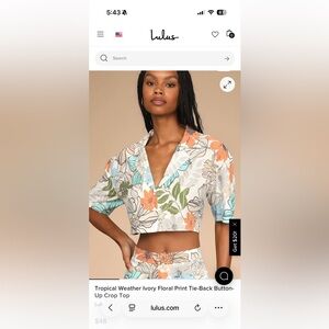 Lulu's Tropical Weather Ivory Floral Tie-back Button Up Crop Top Size M